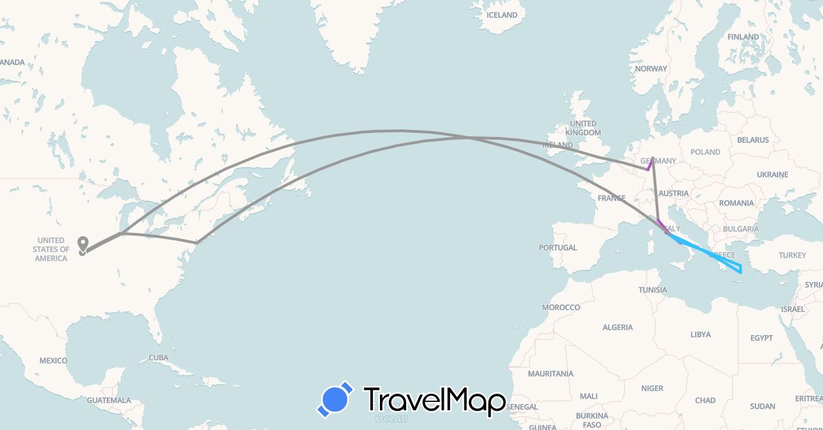 TravelMap itinerary: driving, bus, plane, train, hiking, boat in Germany, United Kingdom, Greece, Italy, United States, Vatican City (Europe, North America)